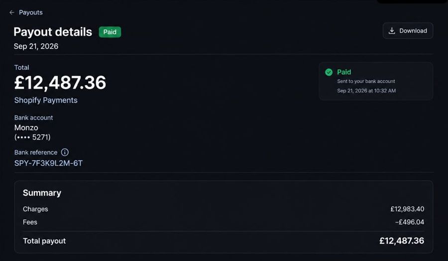 Shopify dashboard screenshot: £12,487 Shopify payout in a single day