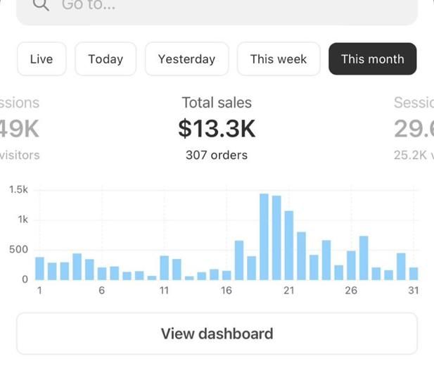 Shopify dashboard screenshot: $13.3K this month · 307 orders