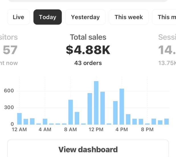Shopify dashboard screenshot: $4.88K in one day · 43 orders