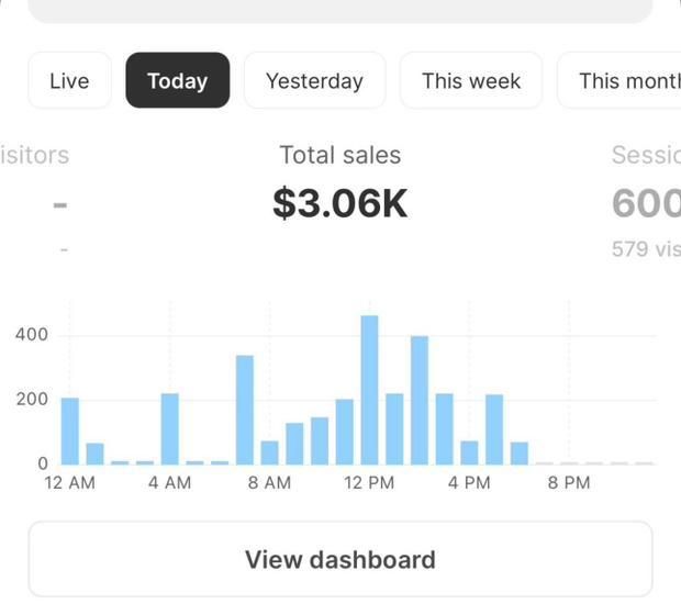 Shopify dashboard screenshot: $3.06K in sales in one day
